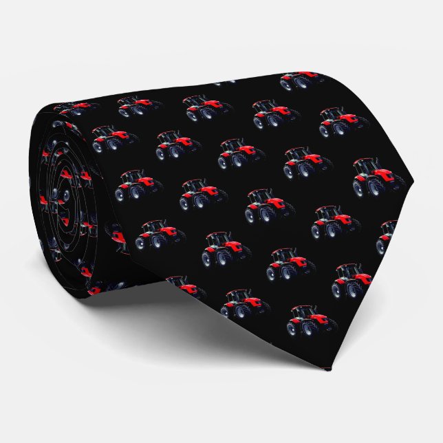 Modern Red Tractor on Black Neck Tie (Rolled)