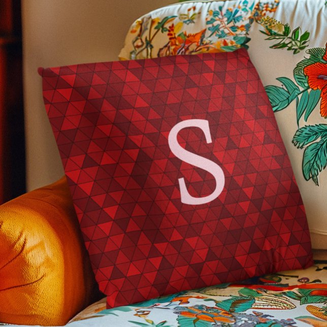 Modern Red Triangles Geometric Custom Monogram Throw Pillow (Creator Uploaded)