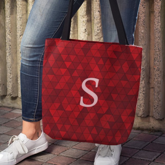 Modern Red Triangles Geometric Custom Monogram Tote Bag (Creator Uploaded)