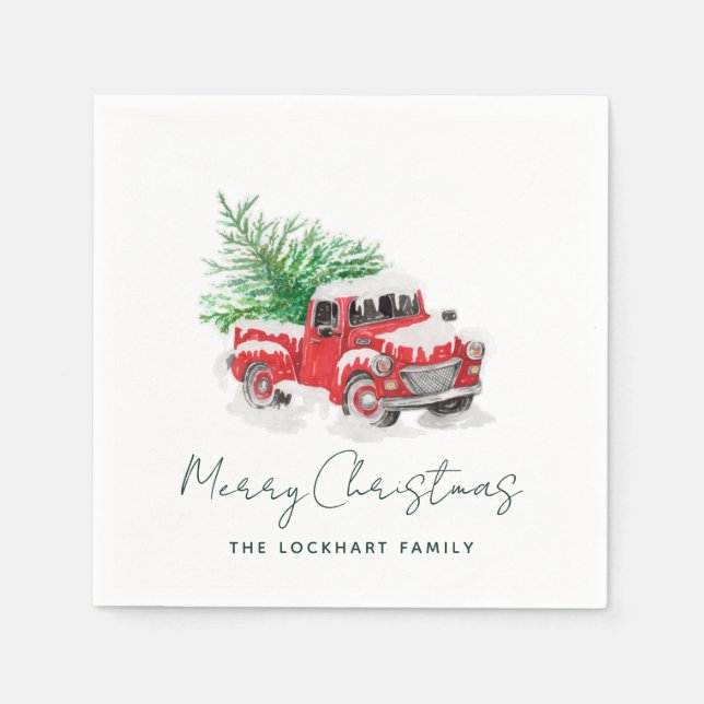 Modern Red Truck Christmas Holiday Party Paper Napkins (Front)