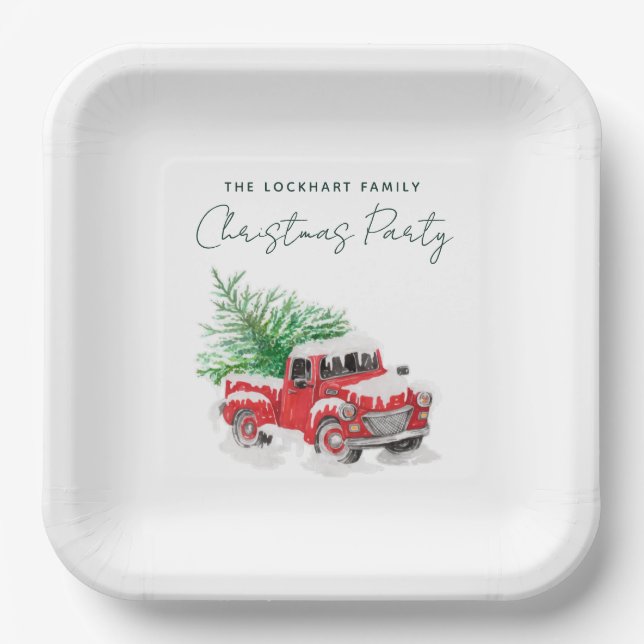 Modern Red Truck Christmas Party Paper Plates (Front)