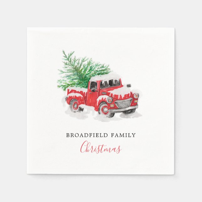 Modern Red Truck with Christmas Tree Family Name Napkins (Front)