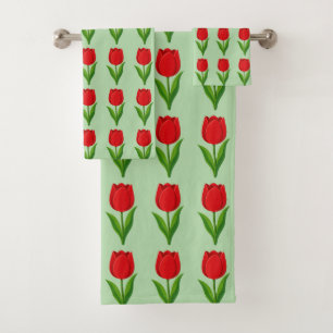 Modern Red Tulip Flower Pattern on Light Green Bath Towel Set