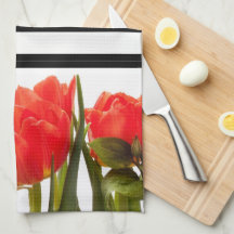 Modern Red Tulips with black Stripes Kitchen Towel