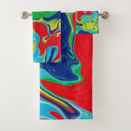 Modern Red Turquoise Blue Green Yellow Abstract Bath Towel Set