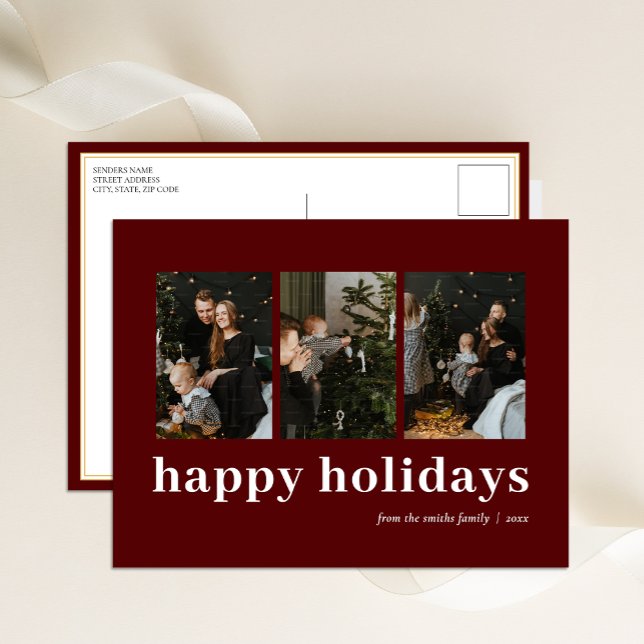 Modern Red Typography Happy Holidays Photo Collage Holiday Postcard (Creator Uploaded)