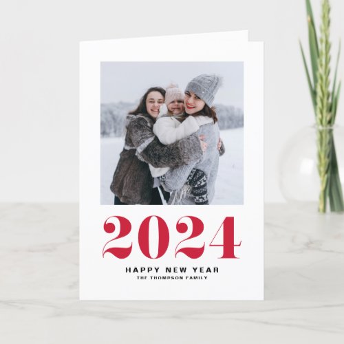 Modern Red Typography Happy New Year 2024 Photo Holiday Card