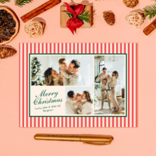 Modern Red Vertical Stripe 3 Photo Christmas Holiday Card
