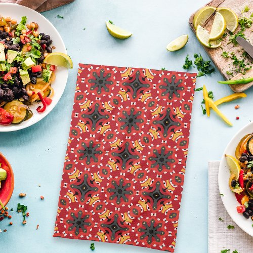 Modern Red Vibrant Geometric Mosaic Pattern Kitchen Towel