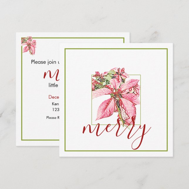 Modern Red Vintage Merry Poinsettia Holiday Flat Invitation (Front/Back)