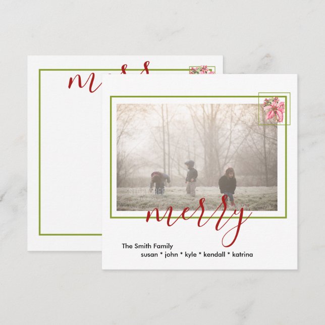 Modern Red Vintage Merry Poinsettia Holiday Note Card (Front/Back)
