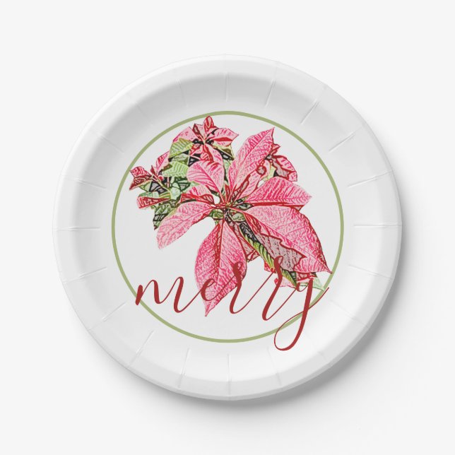 Modern Red Vintage Merry Poinsettia Holiday  Paper Plates (Front)