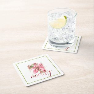 Modern Red Vintage Merry Poinsettia Holiday Square Paper Coaster