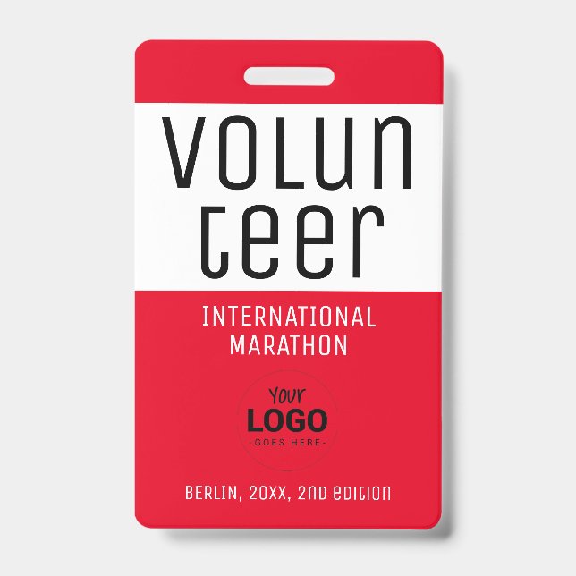 Modern Red Volunteer ID Logo QR Code Badge (Front)