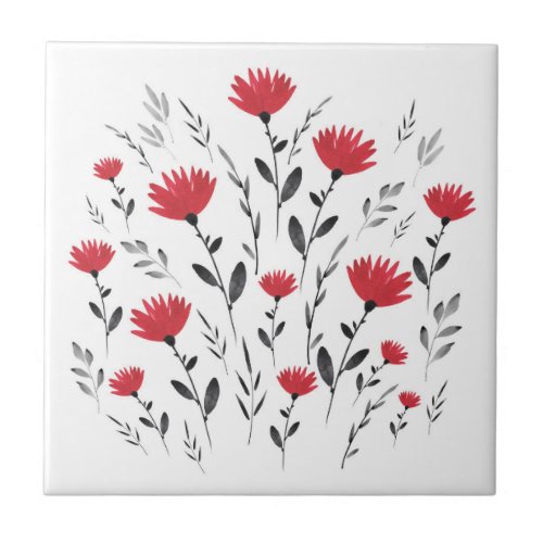 Modern Red Watercolor Floral Motif Ceramic Tile