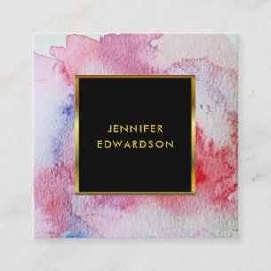 Modern red watercolor splatter gold black frame square business card