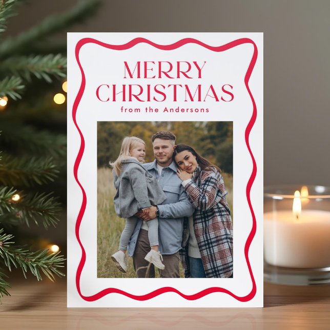Modern Red Wavy Frame Merry Christmas Letterpress Photo Cards (Creator Uploaded)