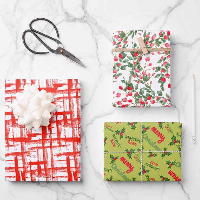 Modern Red Weave Merry Christmas Berries Wrapping Paper Sheets (Front)