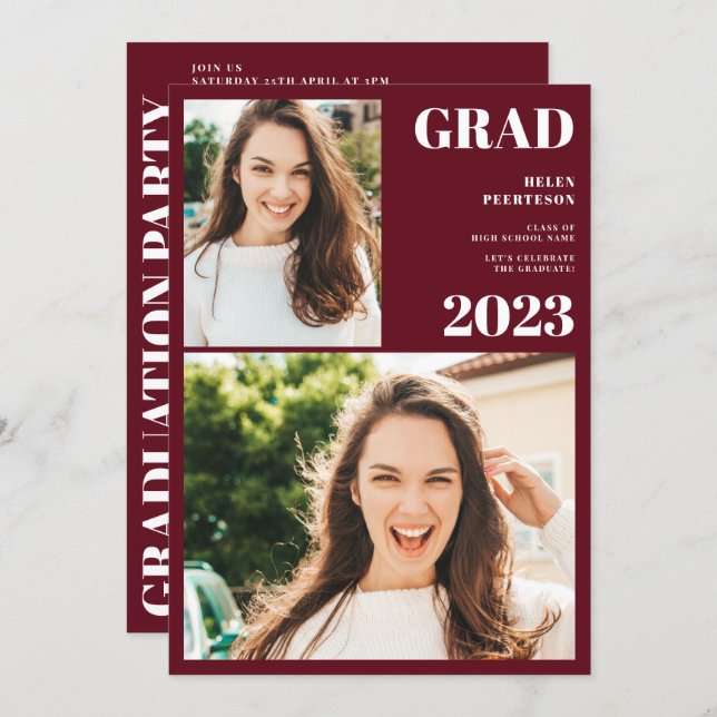 Modern red white 3 photos graduation invitation (Front/Back)