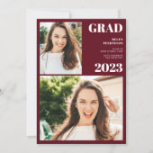 Modern red white 3 photos graduation invitation (Front)