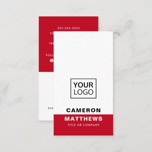 Modern red white add logo social media icons business card