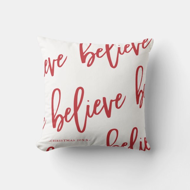 Modern Red White Believe Script Christmas Holiday Throw Pillow (Front)
