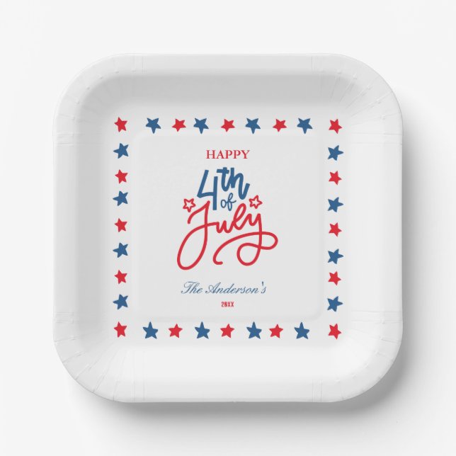 Modern Red, White & Blue 4Th July Dinner Party Paper Plates (Front)