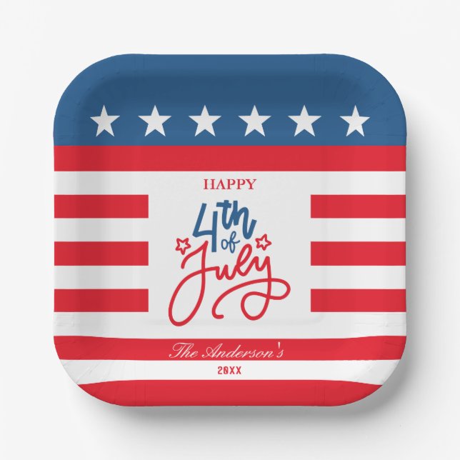 Modern Red, White & Blue 4Th July Flag Party  Paper Plates (Front)