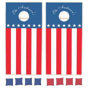 Modern Red, White & Blue 4Th July Monogram Name Cornhole Set