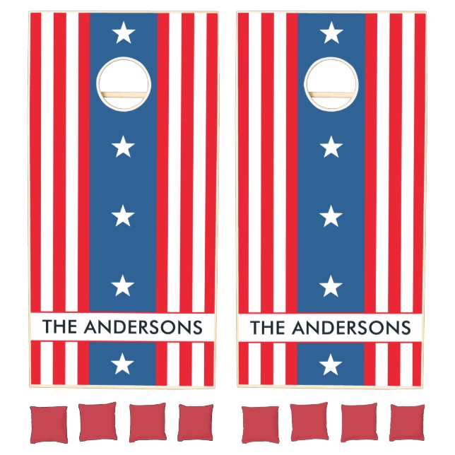 Modern Red, White & Blue 4Th July Monogram Name  Cornhole Set (Set)