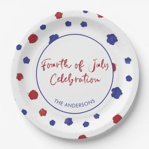 Modern Red White Blue Dots 4th July BBQ Party Paper Plates