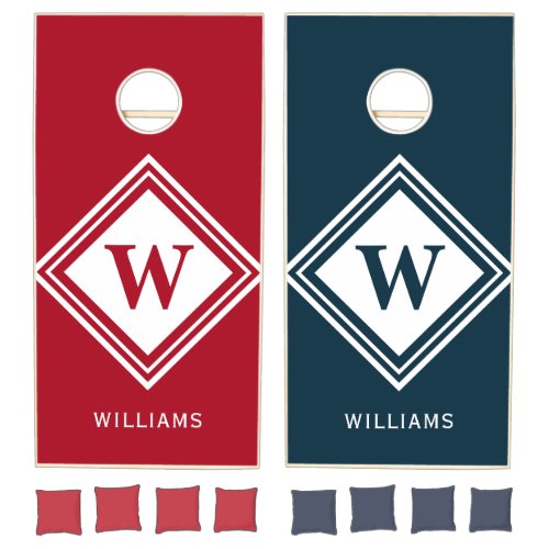 Modern Red White Blue Family Monogram Name Cornhole Set