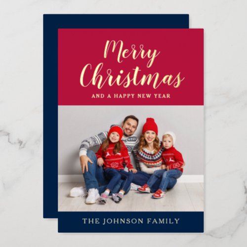 Modern Red White Blue Merry Christmas Gold  Foil Holiday Card