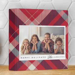Modern Red White Blue Plaid Christmas Family Photo 3 Ring Binder