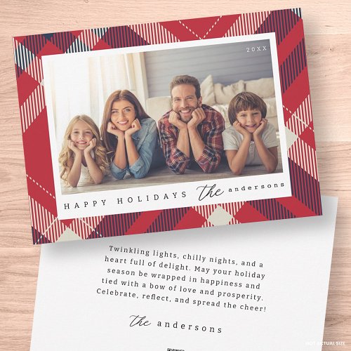 Modern Red White Blue Plaid Christmas Family Photo Holiday Card