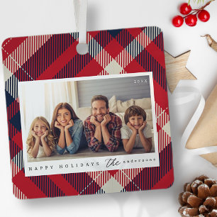 Modern Red White Blue Plaid Christmas Family Photo Metal Ornament