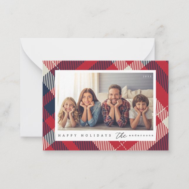 Modern Red White Blue Plaid Christmas Family Photo Note Card (Front)