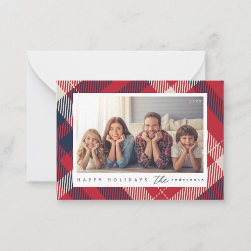 Modern Red White Blue Plaid Christmas Family Photo Note Card