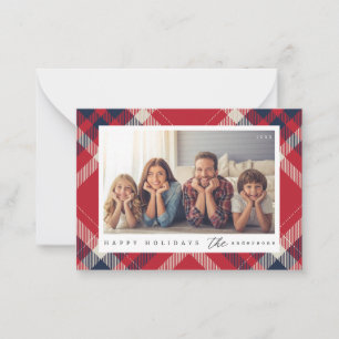 Modern Red White Blue Plaid Christmas Family Photo Note Card