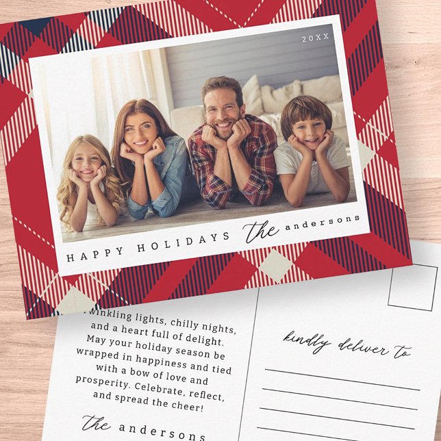 Modern Red White Blue Plaid Christmas Family Photo Postcard (Creator Uploaded)