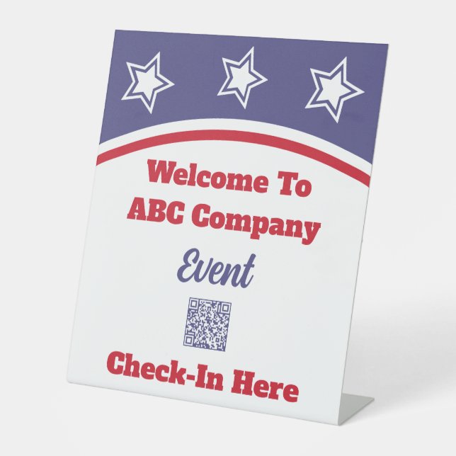 Modern Red White Blue QR Code Business Pedestal Sign (Front)