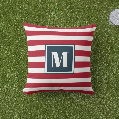 Modern Red White Blue Stripes 4th of July Monogram Outdoor Pillow