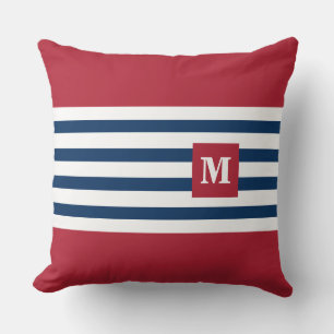 Modern Red White Blue Stripes Monogram Initial Throw Pillow