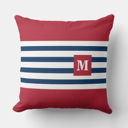 Modern Red White Blue Stripes Monogram Initial Throw Pillow
