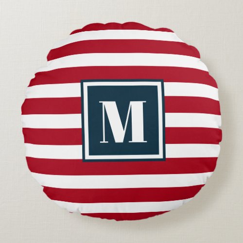 Modern Red White Blue Stripes Monogram Round Pillow