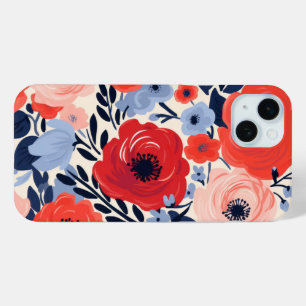 Modern Red White Blue Watercolor Floral iPhone 15 Plus Case