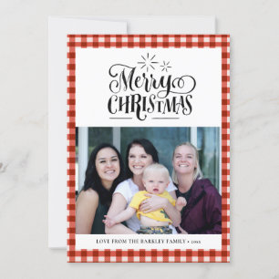 Modern Red White Buffalo Plaid Fun Script Simple Holiday Card