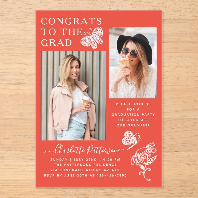 Modern Red White Butterfly Photo Graduation Party Acrylic Invitations (Front)