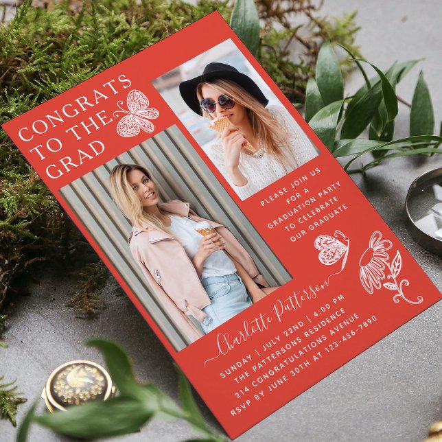 Modern Red White Butterfly Photo Graduation Party Invitation (Creator Uploaded)