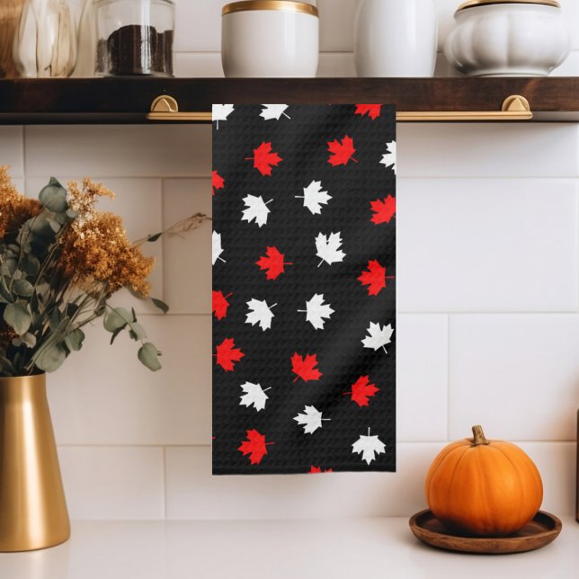 Modern Red White Canada Maple Leaf Black Pattern Kitchen Towel (Creator Uploaded)
